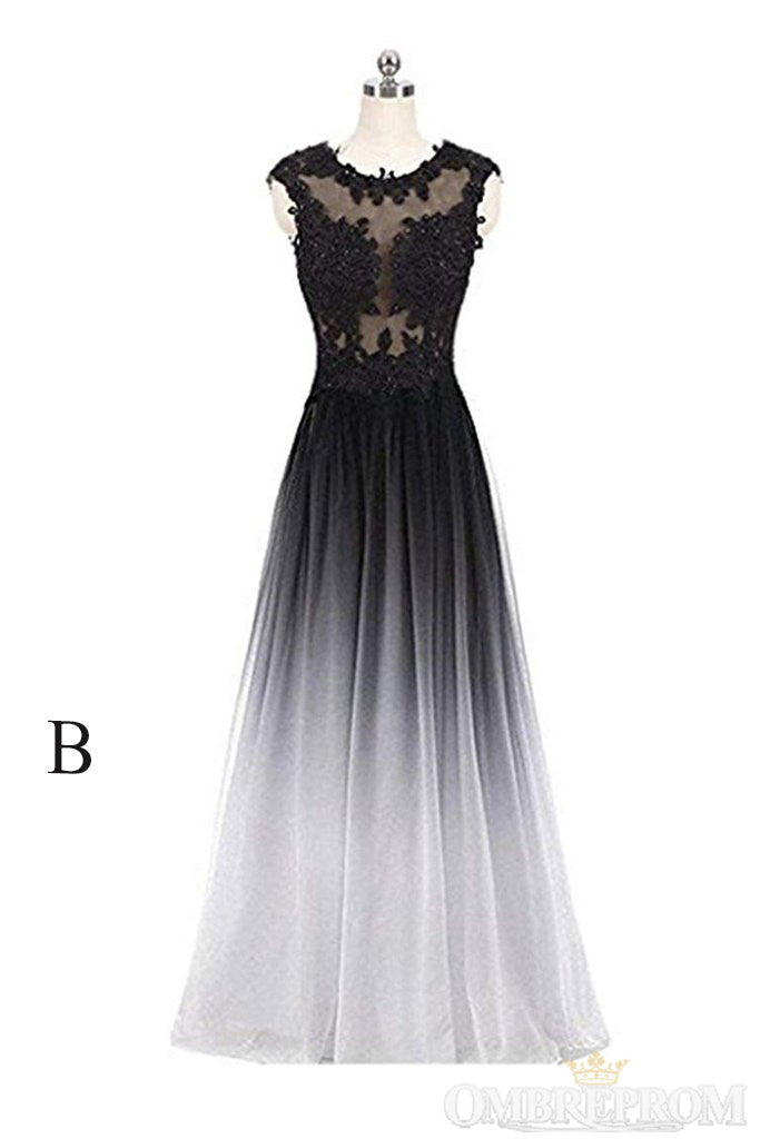 Simple Round Neck Lace Appliques Ombre Prom Dresses