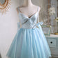 Cute Sky Blue Beading Bowknot Short Princess Homecoming Dress