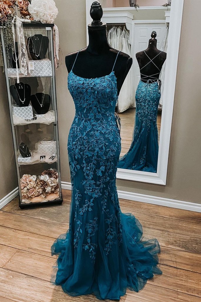 Mermaid Lace Appliques Straps Long Prom Dresses Evening Dresses