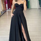 Black Satin A-Line High Slit Strapless Sweetheart Long Prom Dresses