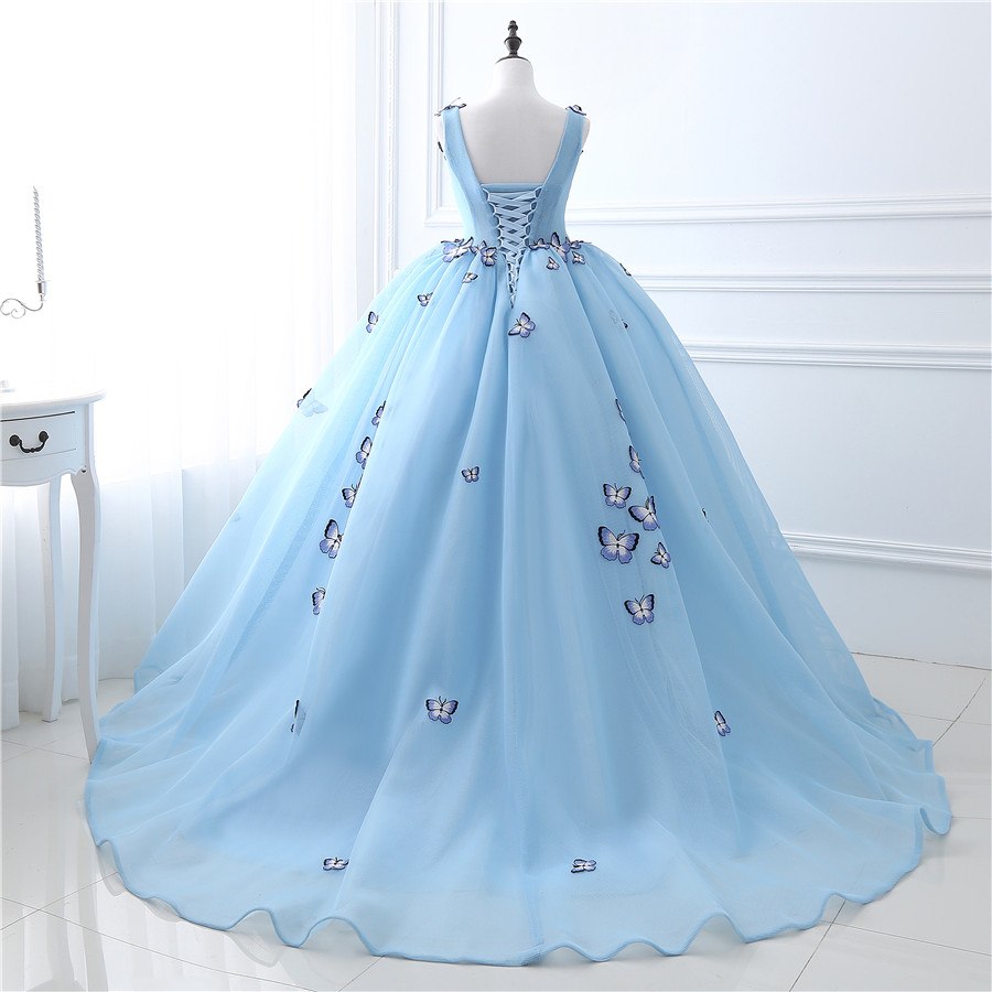 Blue Butterfly Flowers Lace Up Ball Gowns Long Prom Dresses