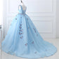 Blue Butterfly Flowers Lace Up Ball Gowns Long Prom Dresses