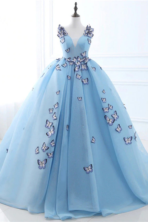 Blue Butterfly Flowers Lace Up Ball Gowns Long Prom Dresses
