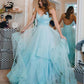 Blue Ruffles Backless Party Dresses Spaghetti Straps Tulle Prom Dresses
