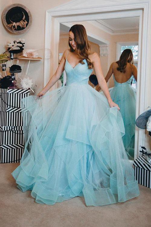 Blue Ruffles Backless Party Dresses Spaghetti Straps Tulle Prom Dresses