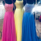 Blue Spaghetti Straps Backless Prom Dresses with Sequins
