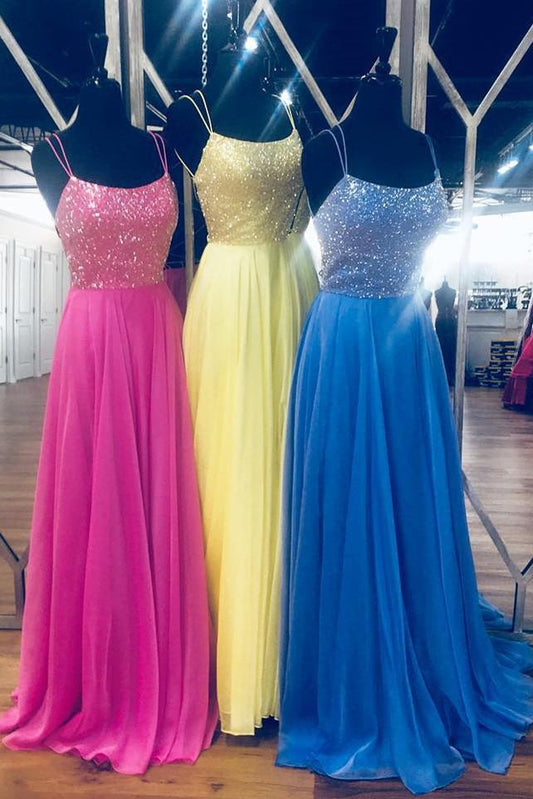 Blue Spaghetti Straps Backless Prom Dresses with Sequins