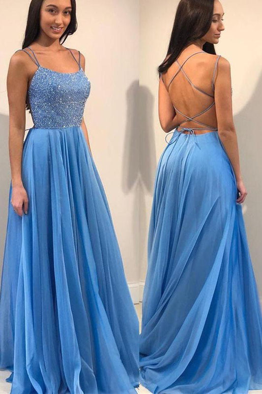 Blue Spaghetti Straps Backless Prom Dresses with Sequins