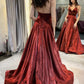 Burgundy A-Line V-Neck Satin Formal Dresses Thin Straps Evening Dresses Long Prom Dresses
