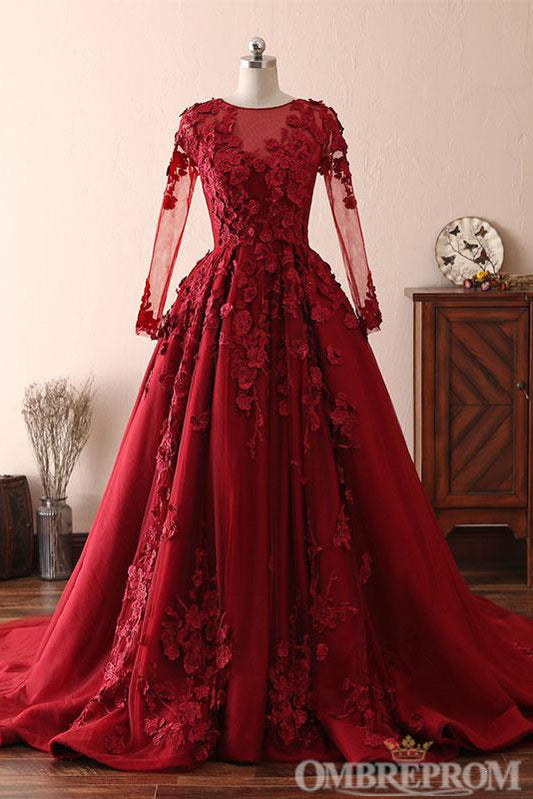 Ombreprom Modest Elegant Burgundy Scoop Neck Long Sleeves Ball Gown Prom Dresses With Appliques