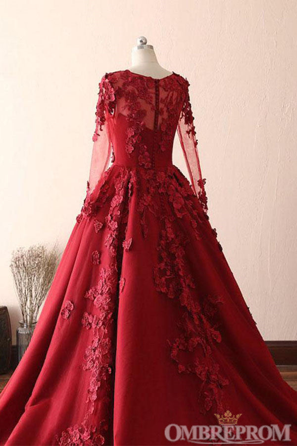 Ombreprom Modest Elegant Burgundy Scoop Neck Long Sleeves Ball Gown Prom Dresses With Appliques