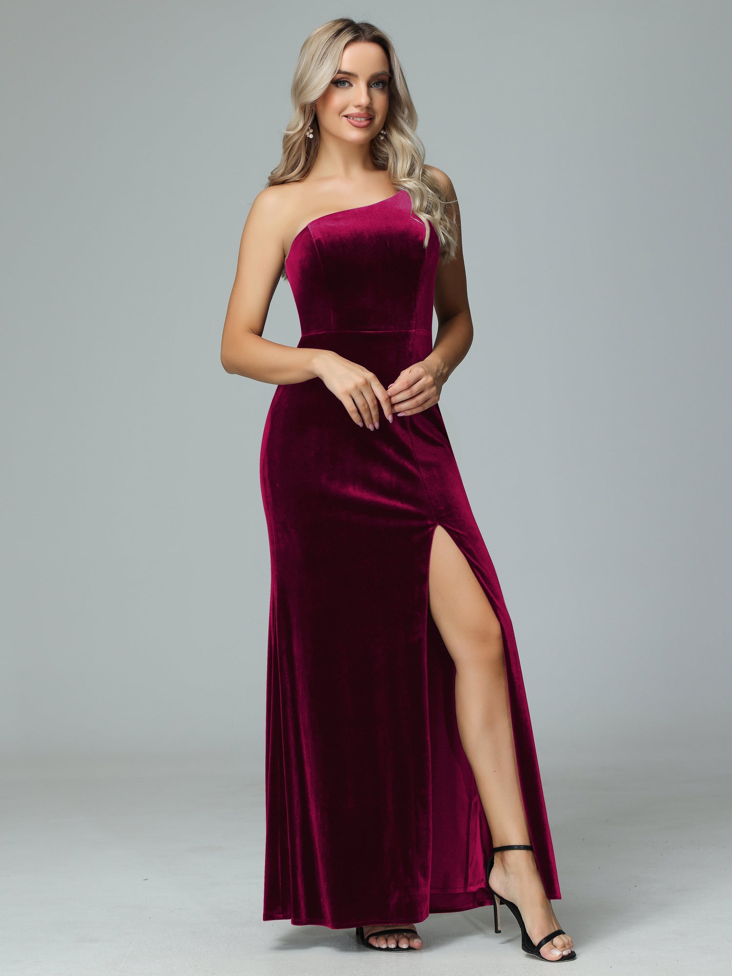Velvet One Shoulder Sheath Long Sleeve Bridesmaid Dress in Candy Pink