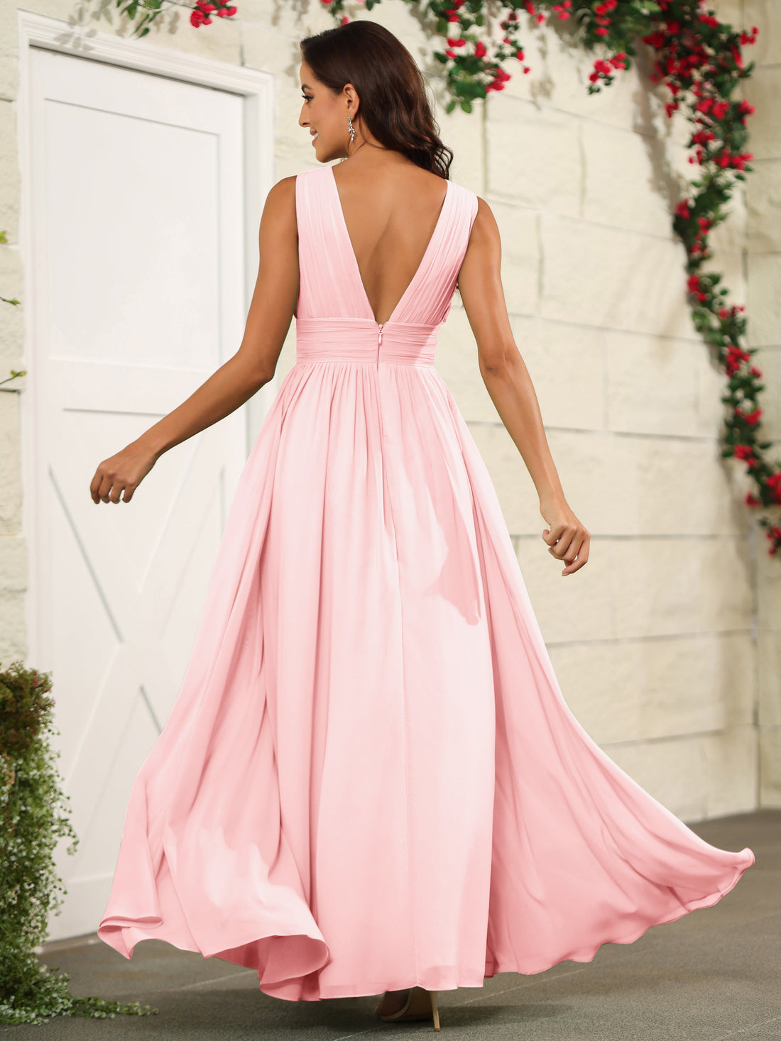 V-neck Chiffon Dresses with Satin Sash Bow Blushing Pink