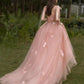 Tulle A-line 3D Flowers Charming Pink Long Evening Gown Prom Dresses