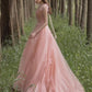 Tulle A-line 3D Flowers Charming Pink Long Evening Gown Prom Dresses
