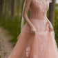 Tulle A-line 3D Flowers Charming Pink Long Evening Gown Prom Dresses