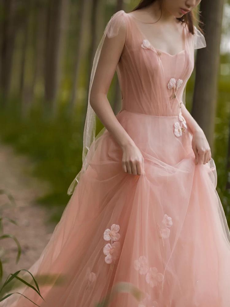 Tulle A-line 3D Flowers Charming Pink Long Evening Gown Prom Dresses