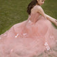 Tulle A-line 3D Flowers Charming Pink Long Evening Gown Prom Dresses