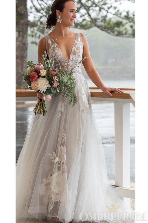 Tulle Appliques V Neck Wedding Dress Boho main image 1