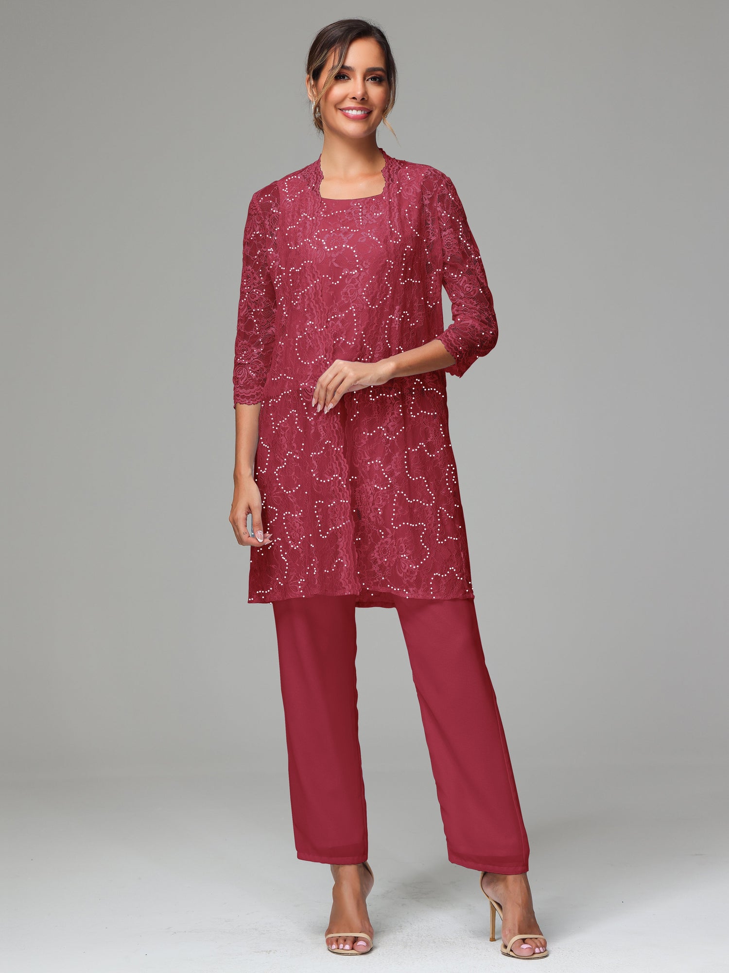 Chic Chiffon Lace 3 Pieces Long Sleeves Mother Of The Bride Dress Pant
