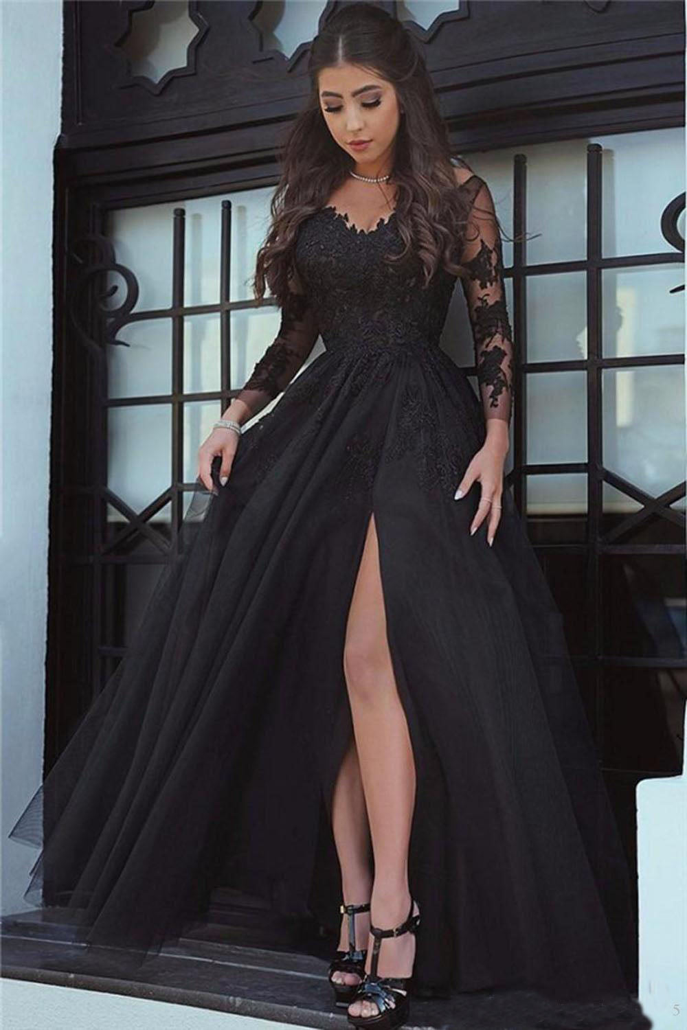Chic Long Sleeves Appliques Lace Prom Dresses with Split Side