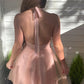 Pink Deep V Neck Backless Tulle Short Homecoming Dresses