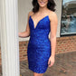 Sparkle Royal Blue Strapless V Neck Sequins Homecoming Dress