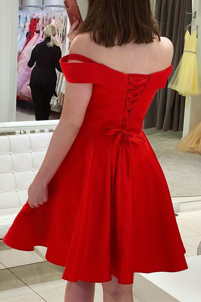 Red Off The Shoulder A Line Satin Homecoming Dresses