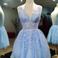 Blue Sleeveless Rolled Lace V-Neck Short Prom Dresses, Homecoming Dresses