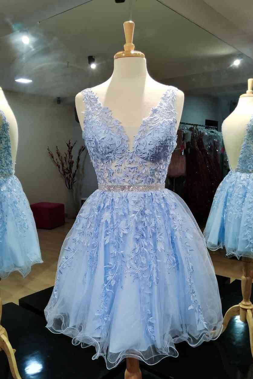 Blue Sleeveless Rolled Lace V-Neck Short Prom Dresses, Homecoming Dresses