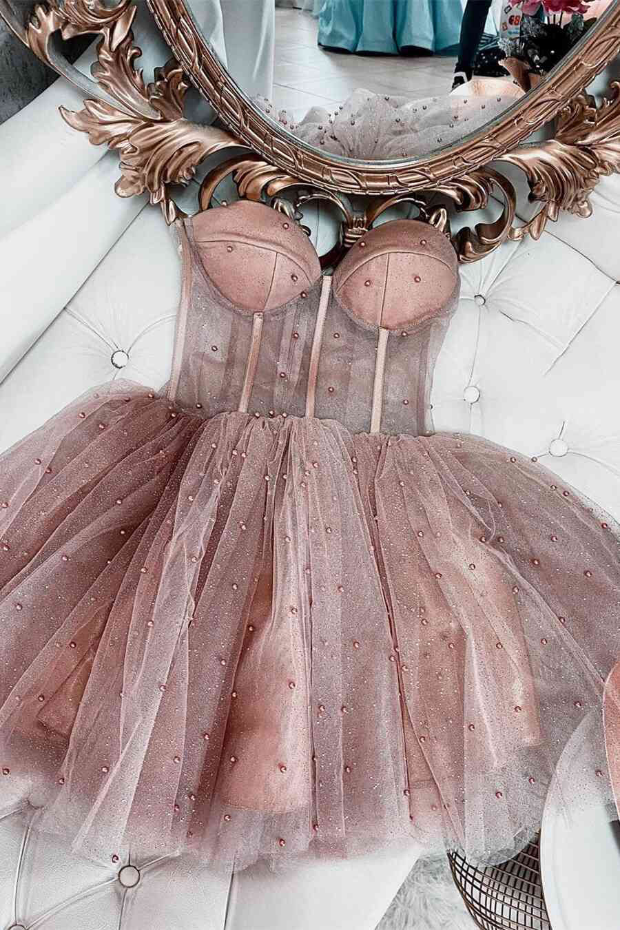 A-line Dusty Rose Sleeveless Tulle Short Homecoming Dresses A-line Dusty Rose Sleeveless Tulle Short Homecoming Dresses