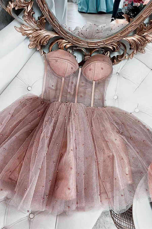 A-line Dusty Rose Sleeveless Tulle Short Prom Dresses, Homecoming Dresses