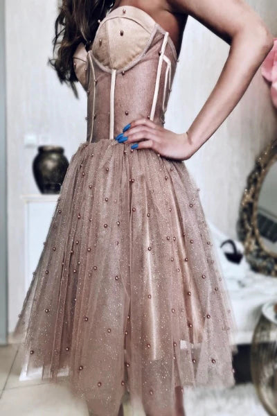 A-line Dusty Rose Sleeveless Tulle Short Homecoming Dresses