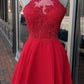 Halter Red Chiffon Appliques Beading Short Homecoming Dress