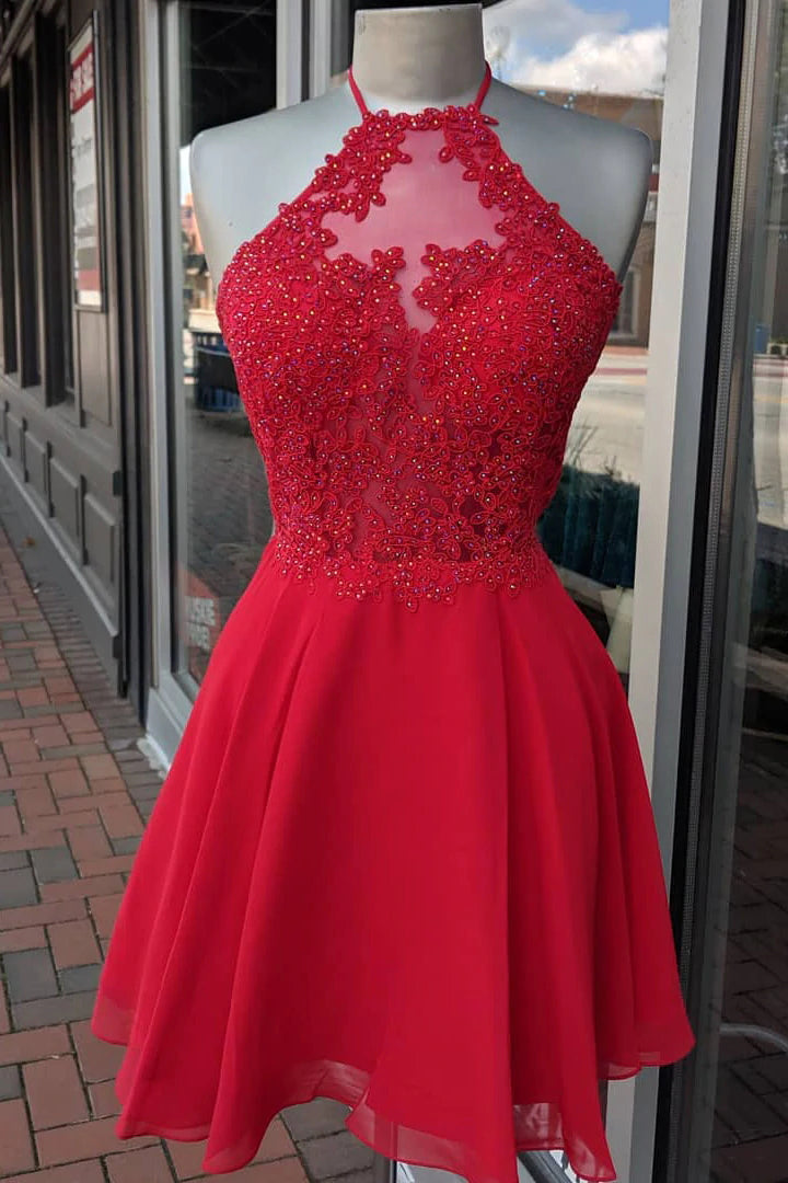 Halter Red Chiffon Appliques Beading Short Homecoming Dress