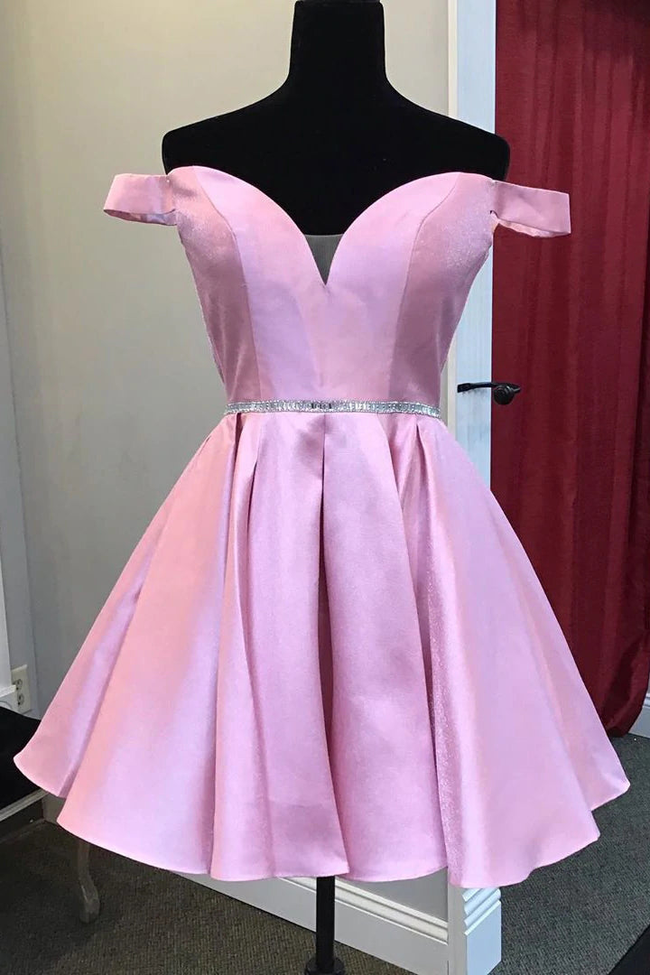 A-Line Off the Shoulder Pink Homecoming Dress With Beaded Waist