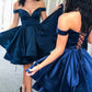 A-Line Navy Blue Off The Shoulder Lace Up Homecoming Dress