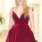 A- Line Burgundy Spaghetti Straps V-Neck Velvet Short Homecoming Dress