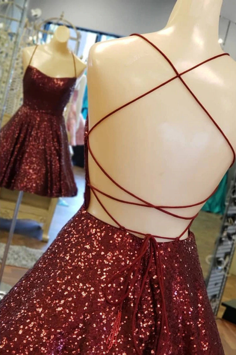 A-Line Criss Cross Straps Sequins Short Homecoming Dresses