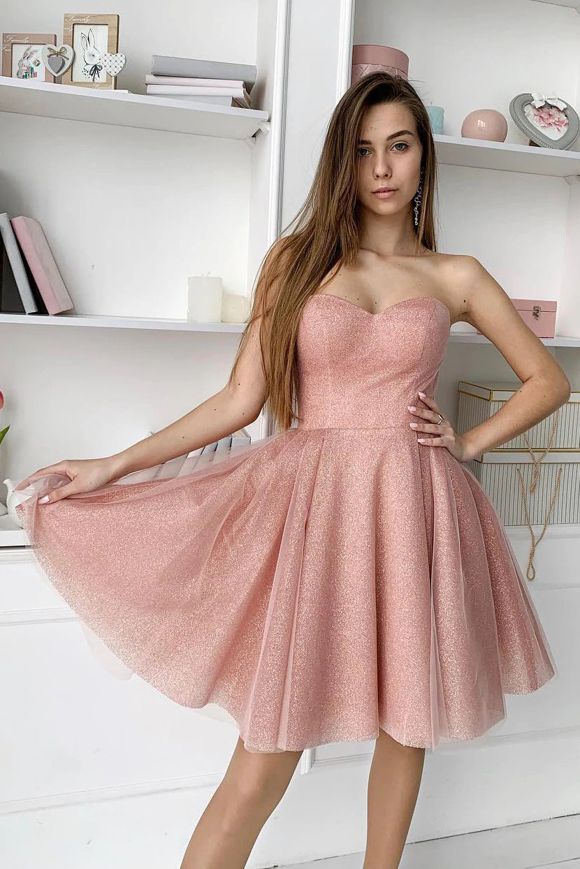 A-Line Dusty Pink Sweetheart Strapless Homecoming Dresses A-Line Dusty Pink Sweetheart Strapless Homecoming Dresses