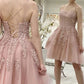 Elegant Pink Spaghetti Straps Lace Appliques Tulle Short Homecoming Dresses