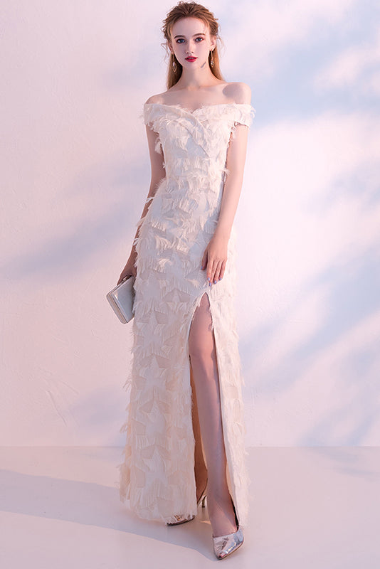 A-Line Elegant Off The Shoulder Long Prom Dresses With Hight Split