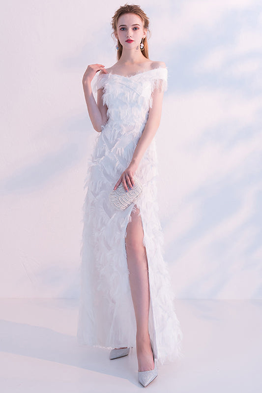A-Line Elegant Off The Shoulder Long Prom Dresses With Hight Split