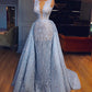 Elegant Blue Lace Sleeveless Deep V Neck Prom Dresses Party Dresses