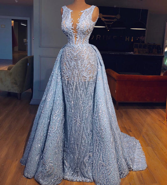 Elegant Blue Lace Sleeveless Deep V Neck Prom Dresses Party Dresses