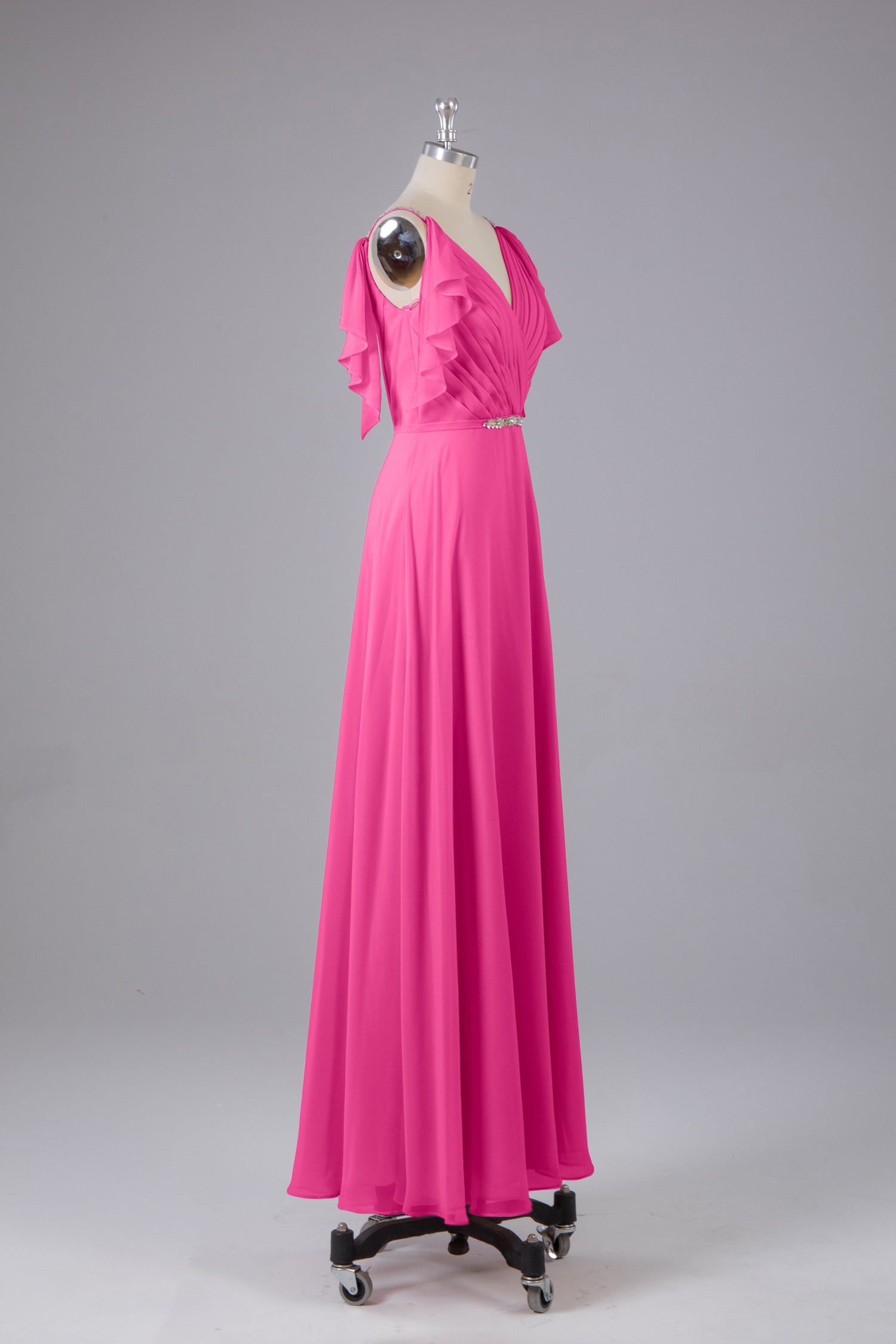 V Back Gray Chiffon Long Wedding Bridesmaid Dress Prom Dress