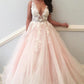 Elegant Deep V Neck Ball Gown Sleeveless Prom Dresses with Appliques