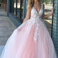 Elegant Deep V Neck Ball Gown Sleeveless Prom Dresses with Appliques