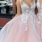 Elegant Deep V Neck Ball Gown Sleeveless Prom Dresses with Appliques