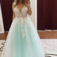 Elegant Deep V Neck Ball Gown Sleeveless Prom Dresses with Appliques